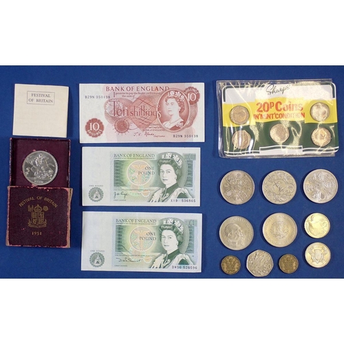 658 - British group including 2 x 1946 brass threepence, 2 x Bank of England £1 notes, 10 shilling note, 1... 