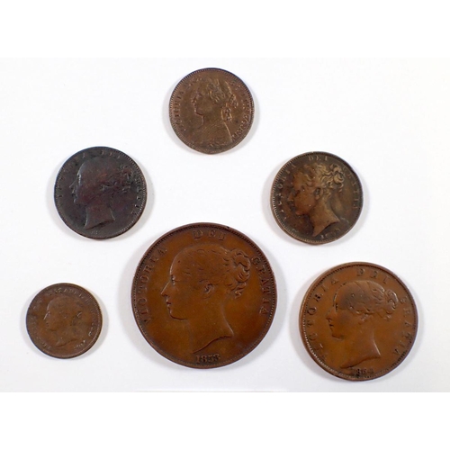 660 - A Victoria young head copper penny 1858 (considered restrike) 1854 half penny, 1853 farthing x2, Hea... 