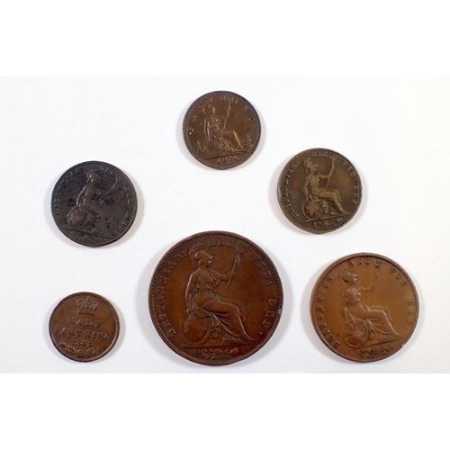 660 - A Victoria young head copper penny 1858 (considered restrike) 1854 half penny, 1853 farthing x2, Hea... 