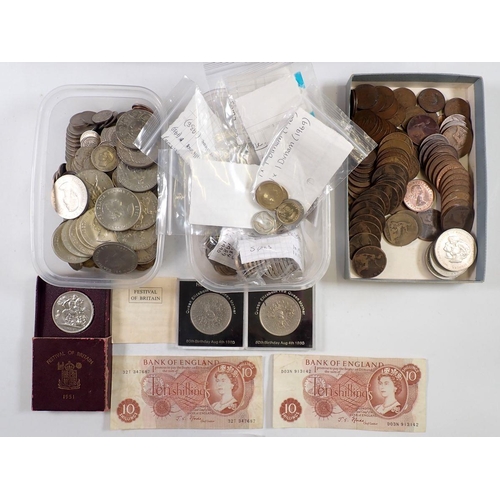 666 - A wooden box with British and world coins, pre-decimal and commemorative crowns, 10 shilling notes x... 