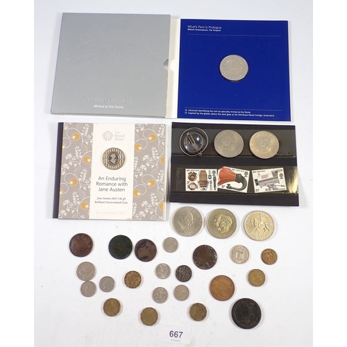 667 - A George III cartwheel penny plus a miscellaneous mix of coins including 'The Millennium Coin' in ca... 