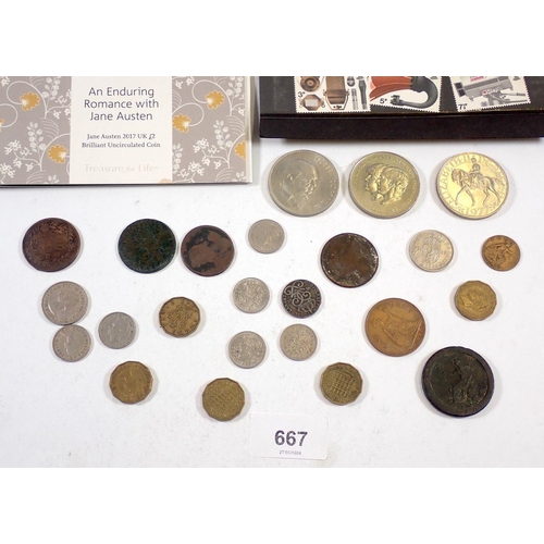 667 - A George III cartwheel penny plus a miscellaneous mix of coins including 'The Millennium Coin' in ca... 