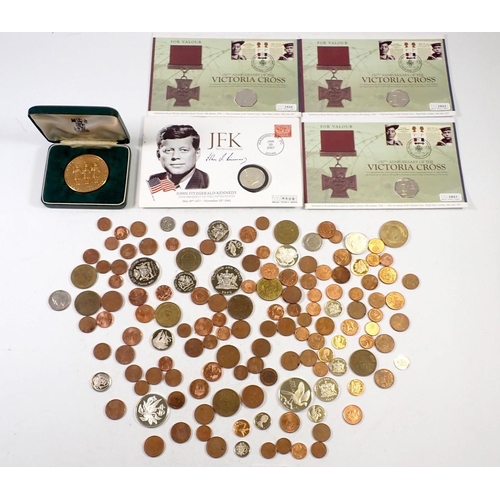 674 - A miscellaneous coin group including JFK silver coin cover, 150th anniversary of the Victoria Cross ... 