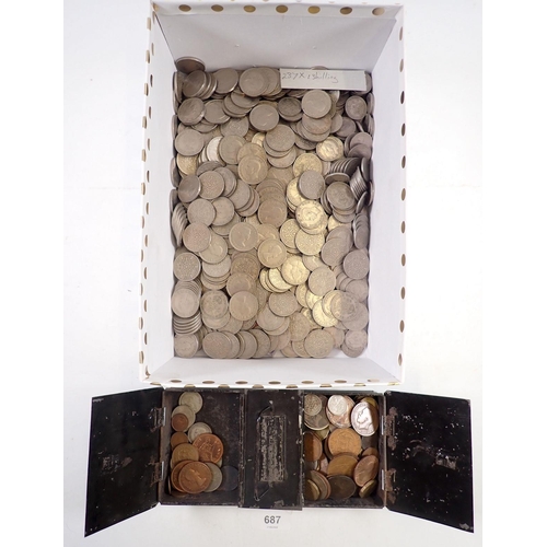 687 - A group of pre-decimal British coins including shillings, two shillings etc. some silver content - C... 