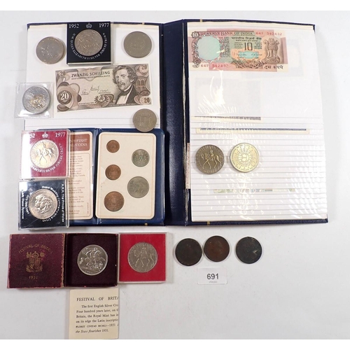 691 - An album of world banknotes plus various coins, George IV penny, commemorative crowns etc