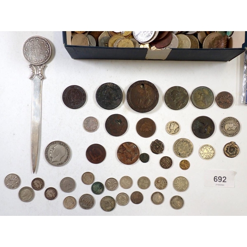 692 - A miscellaneous group of British pre-decimal and World coinage and tokens including Williams Brother... 