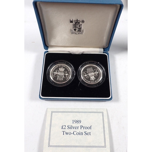 753 - Royal Mint Silver proof coinage including 1989 two pounds (two coin set) bill of rights plus 1995 tw... 