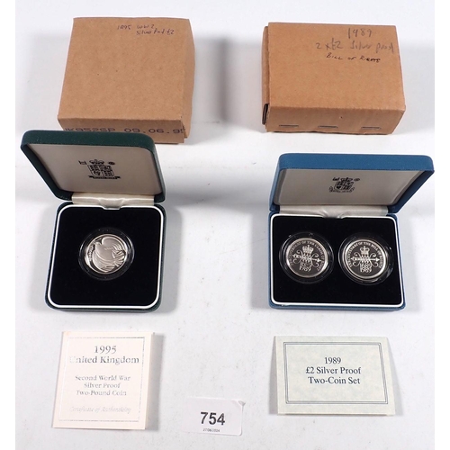 754 - Quantity of Royal Mint issues Silver proof coinage including 1989 two pounds (two coin set) bill of ... 