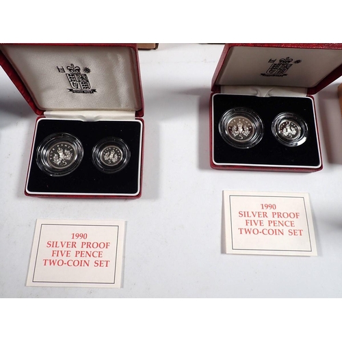 755 - Quantity of Royal Mint issues Silver proof coinage including 1990 five pence (piedfort) 1990 five pe... 