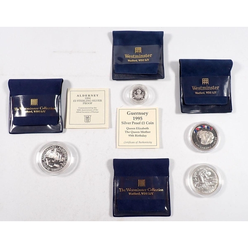 756 - Silver proof coins including £2 Alderney 50th anniversary of the Allied Invasion of Europe 1994, One... 