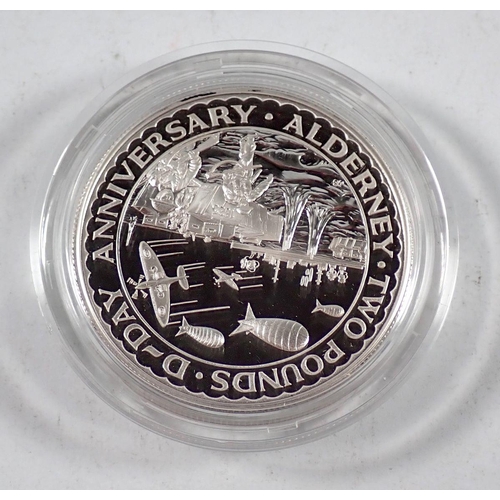 756 - Silver proof coins including £2 Alderney 50th anniversary of the Allied Invasion of Europe 1994, One... 