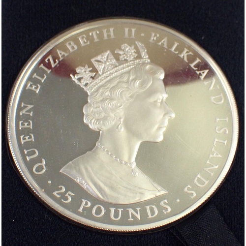 759 - A Falkland Islands silver proof £25 coin 100th anniversary of self sufficiency 1985 150g