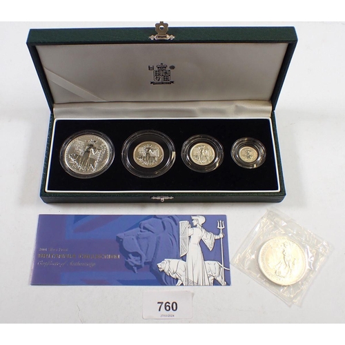 760 - A 2001 silver proof Britannia collection including 1/10, 1/4, 1/2 and one ounce coins cased with COA... 