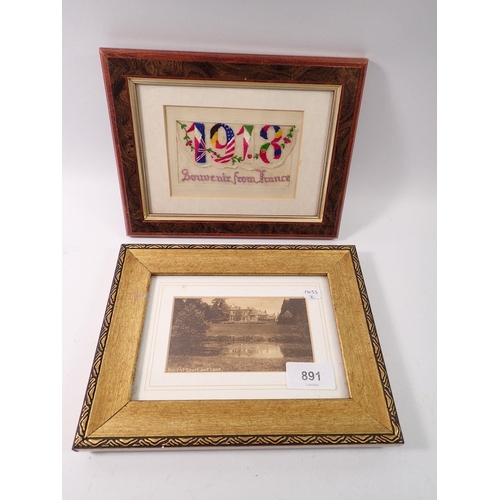891 - A 1918 souvenir embroidered silk postcard and a postcard of Newent Court, both framed and glazed