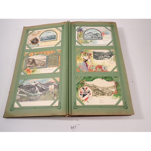 917 - A green postcard album - approx 240 plenty of GB and foreign topos plus early Japanese military scen... 