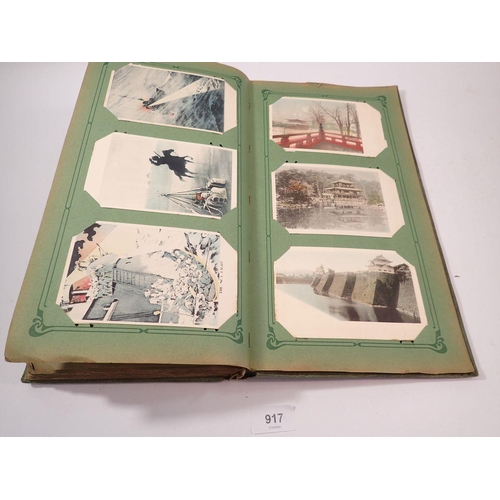 917 - A green postcard album - approx 240 plenty of GB and foreign topos plus early Japanese military scen... 