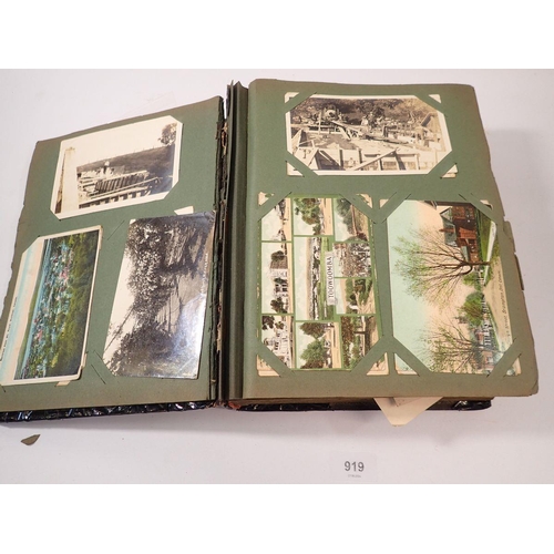 919 - An album containing postcards - military, suffragette cards, some topo, portraits etc. (around 220)