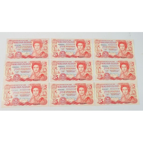 778 - Nine Falkland Islands five pound notes - 14th June 1983 x1 A116360 centre fold and 14th June 2005 x8... 