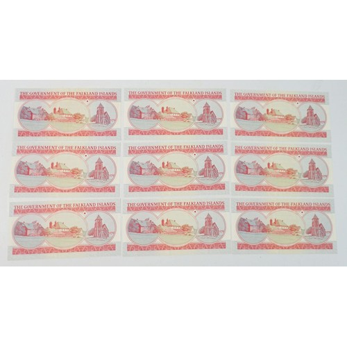 778 - Nine Falkland Islands five pound notes - 14th June 1983 x1 A116360 centre fold and 14th June 2005 x8... 