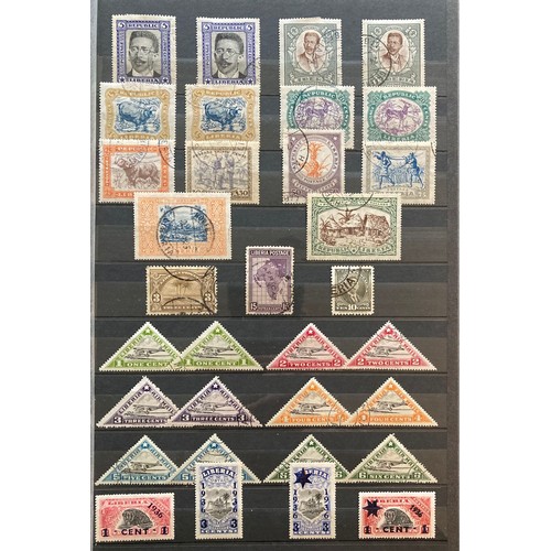 830 - Stamps of Liberia: Blue A4 stockbook of mint and used definitives, commemoratives, officials, air, p... 