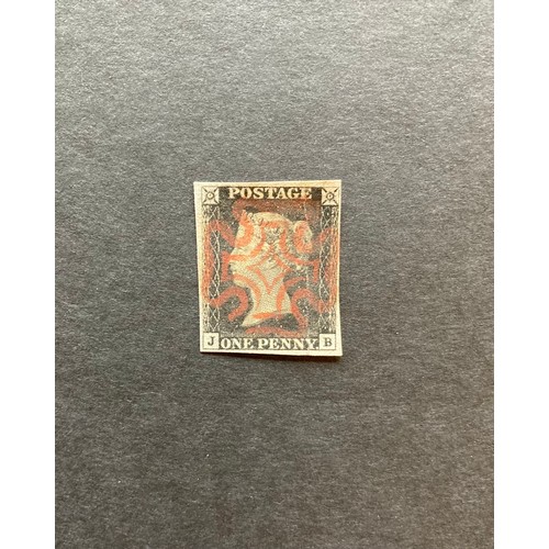 855 - GB stamp: QV line-engraved 1d black ‘JB’, Plate 1, 4-margin, red Maltese Cross