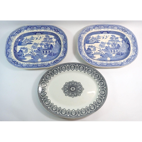 10 - Two Victorian willow pattern meat plates, 46 x 36cm and a Doric black and white meat plate