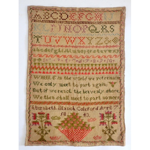 1003 - An early 19th century Forest of Dean alphabet sampler including text, basket of fruit and flowers by... 