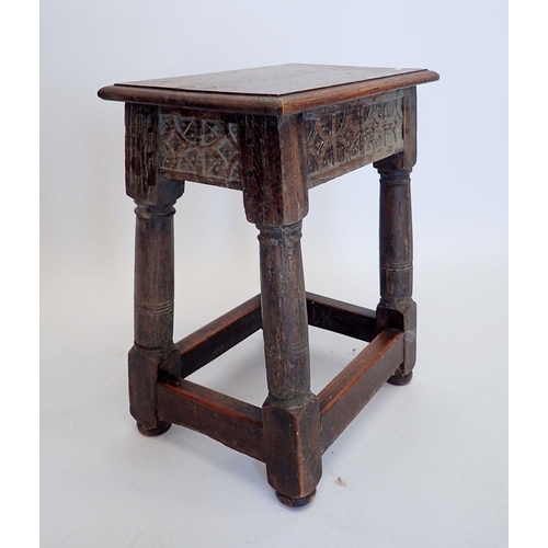 1006 - An antique oak joint stool with lozenge carved frieze all raised on turned supports