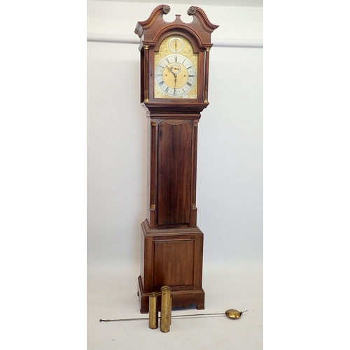 1009 - A Maple & Co mahogany longcase clock with broken swan neck pediment, brass broken arched dial, fretw... 