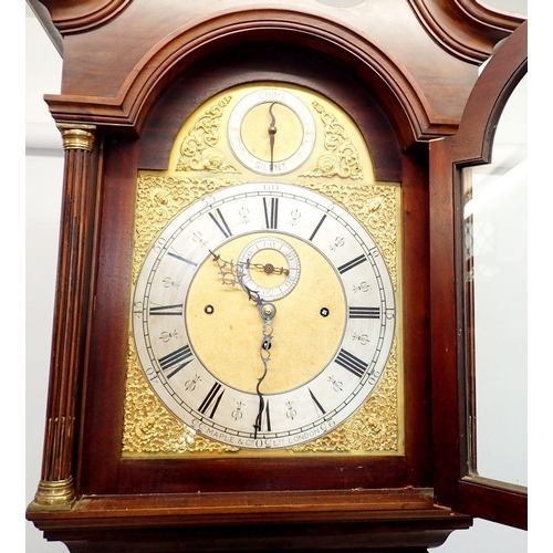 1009 - A Maple & Co mahogany longcase clock with broken swan neck pediment, brass broken arched dial, fretw... 