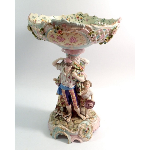 101 - A 19th century Voldstedt porcelain centre piece with floral painted baskets and family group to stem... 