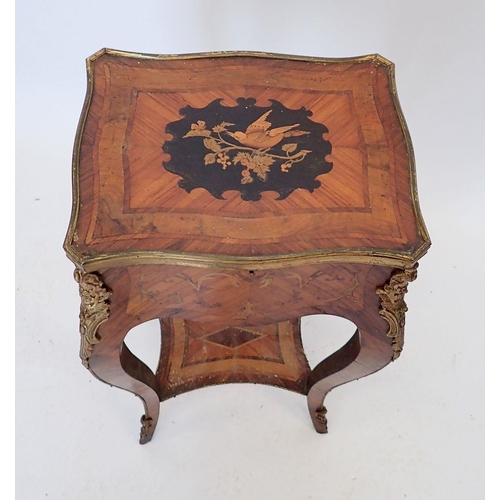 1011 - A late 19th century French small kingwood marquetry occasional table with rise top and bird decorati... 