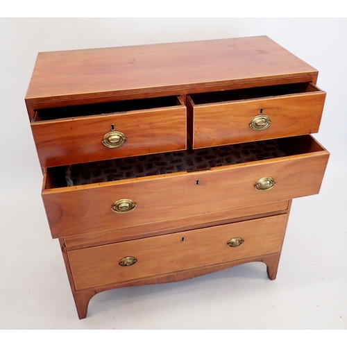 1017 - A George III inlaid mahogany chest of two short and three long drawers having ebony and satinwood st... 