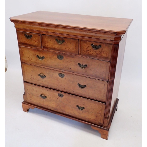 1020 - An 18th century walnut chest of three short and three long drawers with herringbone banding and bras... 