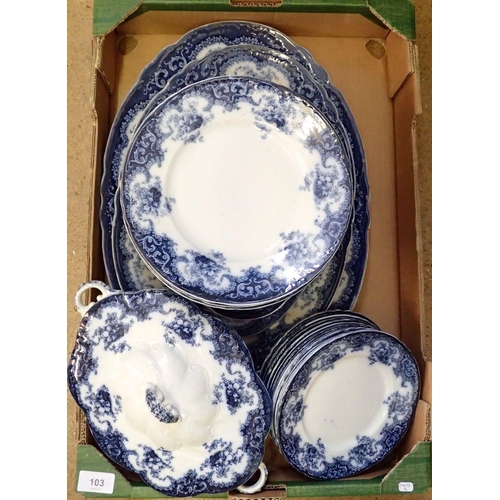 103 - An Adams & Co Rosetta blue and white dinner service comprising four meat plates, nine dinner plates,... 