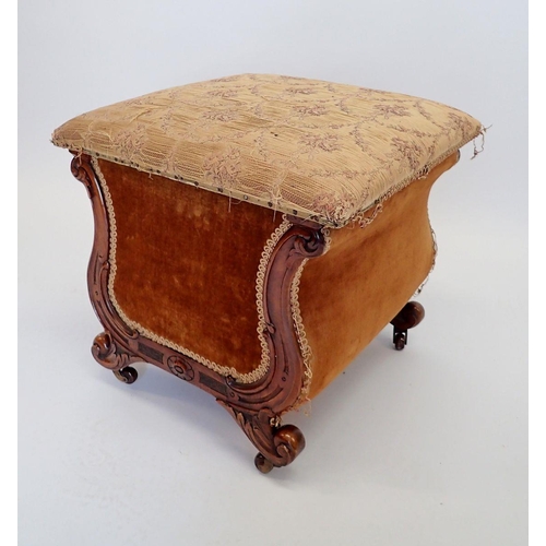 1037 - A small Victorian upholstered ottoman stool with carved scroll supports, 49cm x 49cm