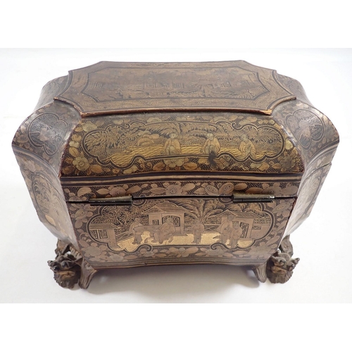 1039 - A late 19th century Chinese black and gilt lacquer tea caddy decorated landscape and figure scenes, ... 