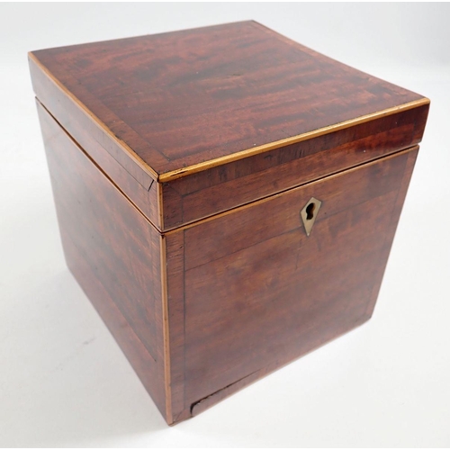 1048 - A Georgian mahogany tea caddy with satinwood edging, 15 x 15 x 16cm