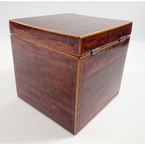 1048 - A Georgian mahogany tea caddy with satinwood edging, 15 x 15 x 16cm