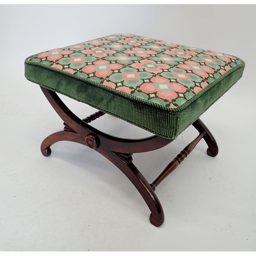 1066 - A Victorian rosewood stool with tapestry top on curved X-frame supports