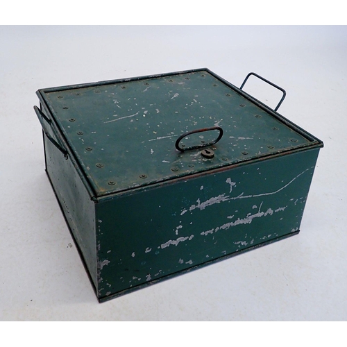 1068 - An old green painted deed box or safe with rise top, 39 x 37 x 19cm