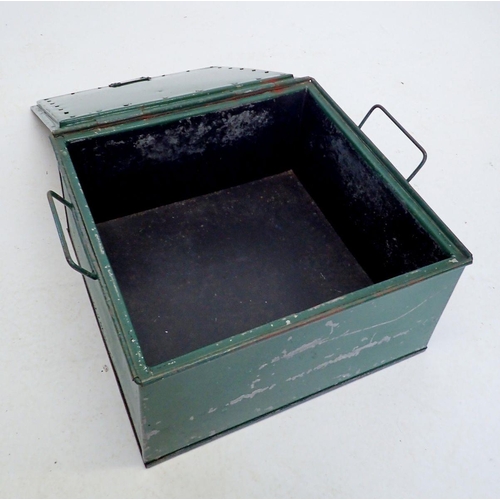 1068 - An old green painted deed box or safe with rise top, 39 x 37 x 19cm