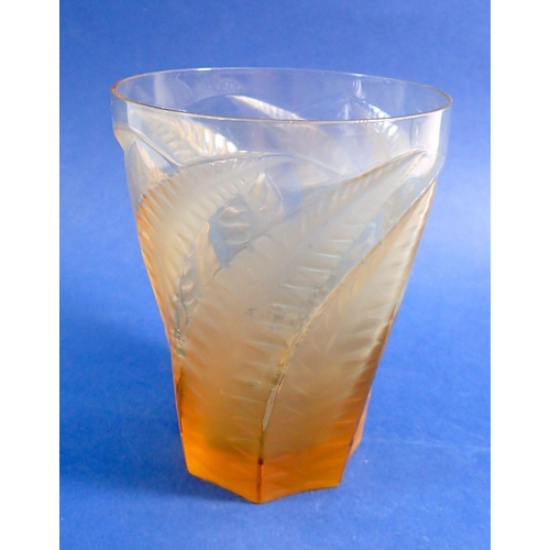 107 - A Lalique amber glass vase decorated ferns signed R. Lalique, 12.5cm tall