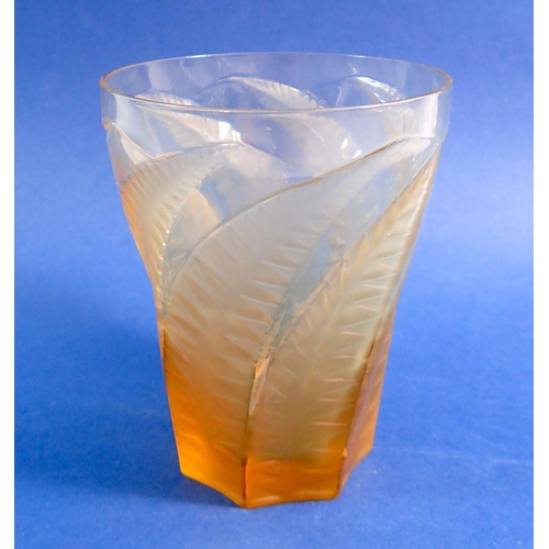 107 - A Lalique amber glass vase decorated ferns signed R. Lalique, 12.5cm tall