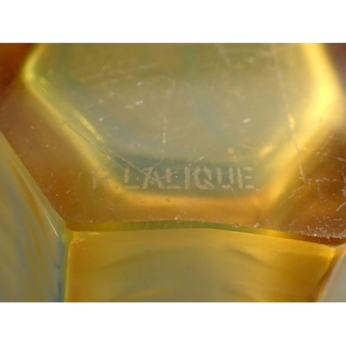 107 - A Lalique amber glass vase decorated ferns signed R. Lalique, 12.5cm tall