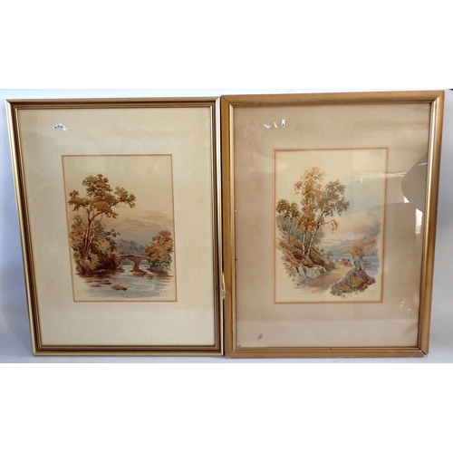 1072 - An Edwardian pair of watercolour river and mountain scenes, monogrammed CIC 1918, 35 x 25cm