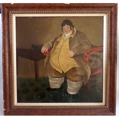 1073 - A 19th century naive oil on canvas of Daniel Lambert, The Worlds Heaviest Man, 55 x 55cm