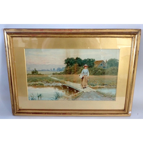 1074 - Alfred Wragge (19th/20th century) - watercolour girl on a bridge with basket 'Market Day' 26 x 44cm