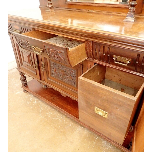 1076 - A Victorian mahogany mirror back sideboard with swan neck scroll pediment and carved decoration, 153... 