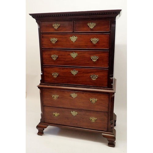 1086 - A Georgian style mahogany tallboy, the top with dentil cornice over  two short and three long drawer... 